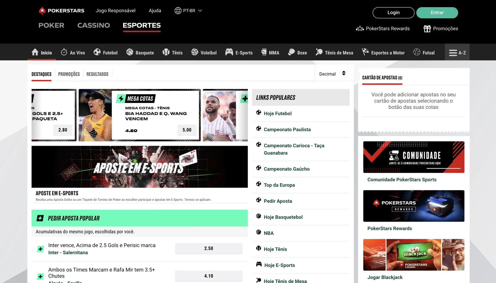 Captura de ecrã do site da Pokerstars Esportes