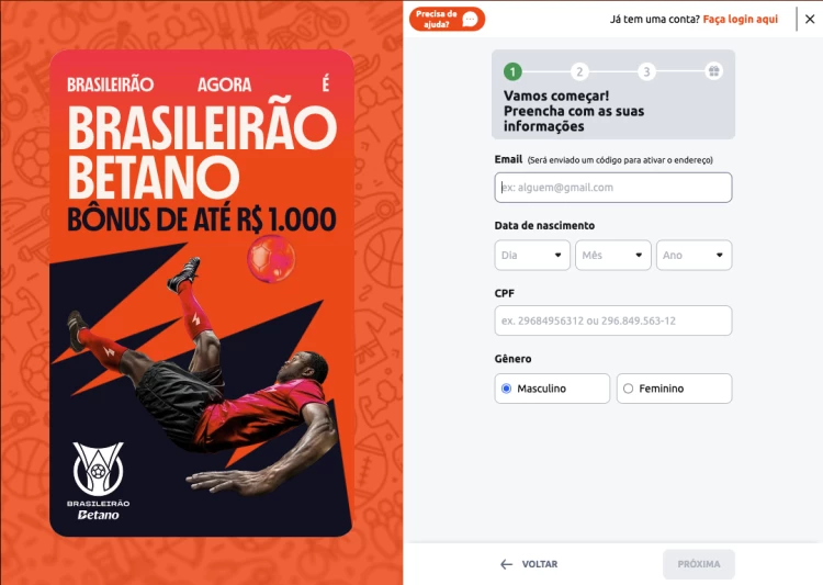 Captura de ecrã da do primeiro passo da página de cadastro da casa de apostas Betano Brasil
