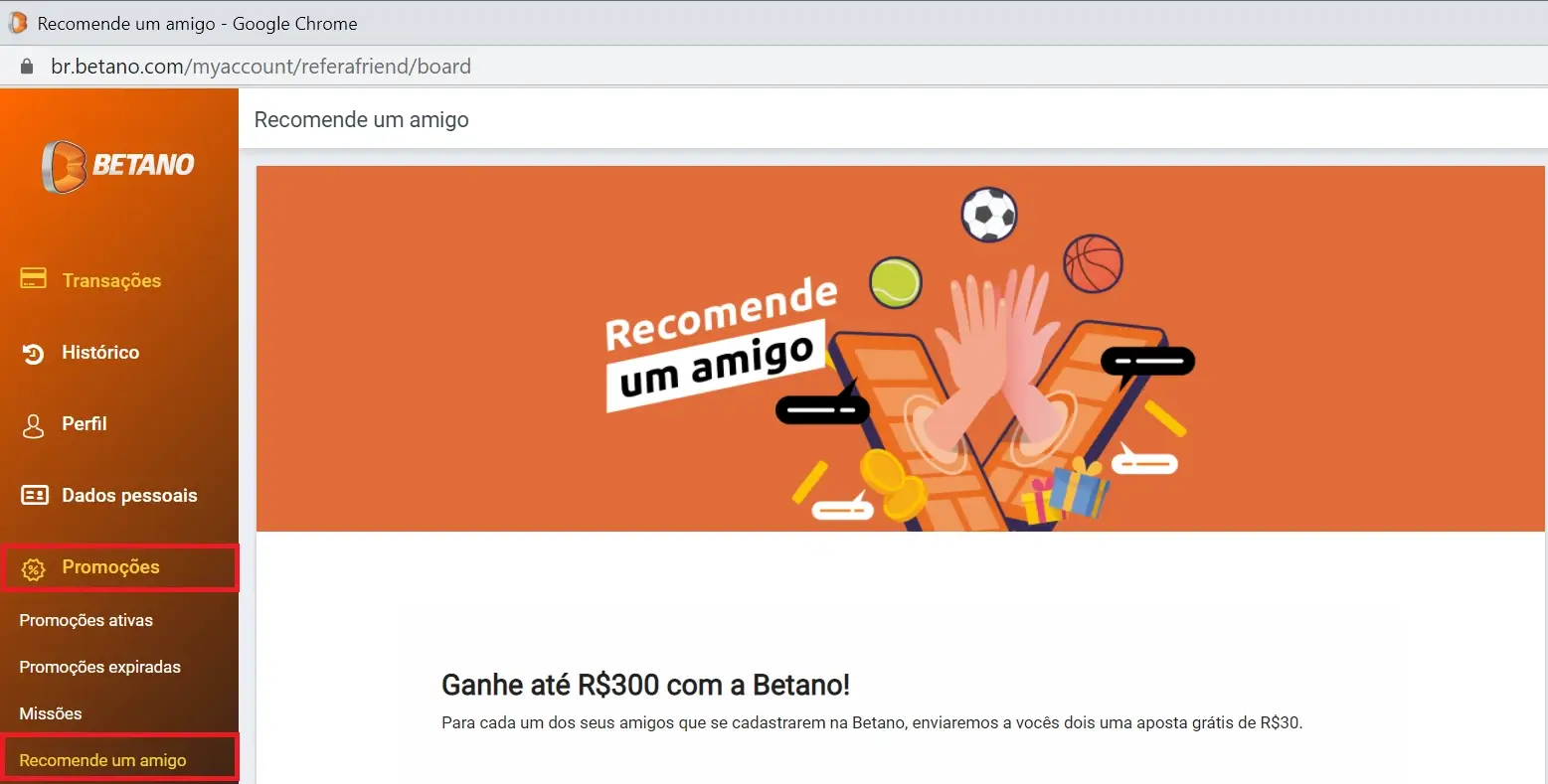 Captura de ecrã da página de usuário da Betano Brasil com o separador Promoções em destaque
