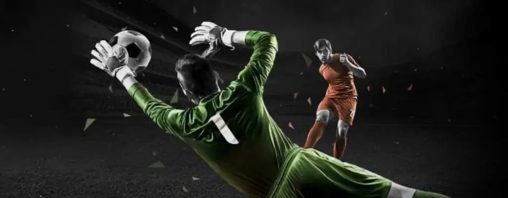 Banner cinzento com guarda-redes verde e jogador de futebol a vermelho da bet365 Brasil
