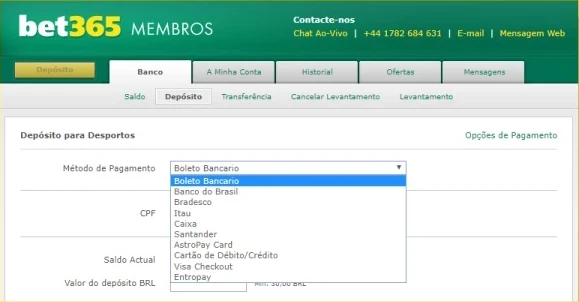 Página de selecionar as várias opções de pagamento para depósito no bet365 Brasil