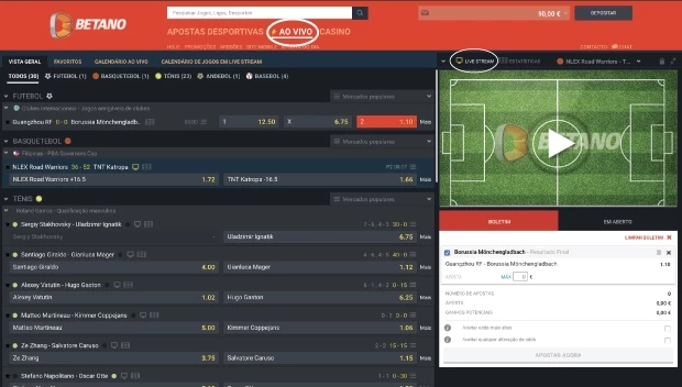 Captura de ecrã do livestream do site oficial da casa de apostas Betano Brasil