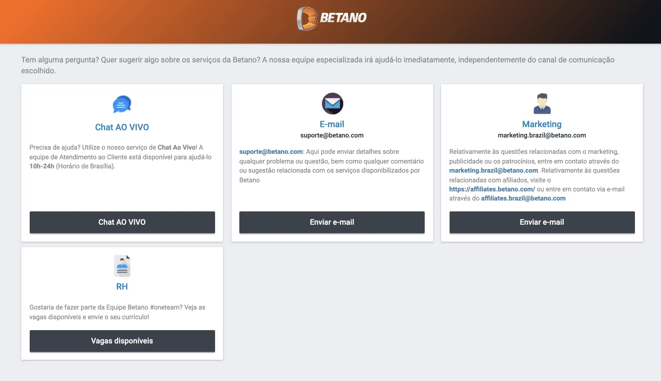 Opções de Apoio ao Cliente no site da casa de apostas Betano Brasil