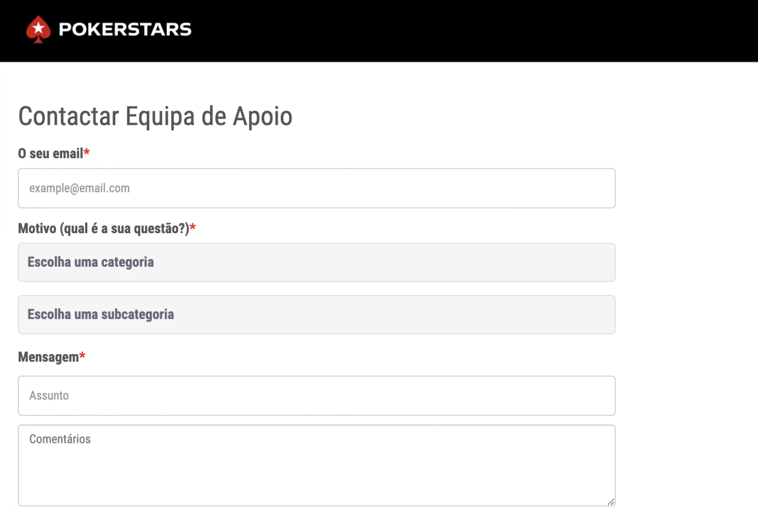 Captura de ecrã do suporte ao cliente da PokerStars Brasil