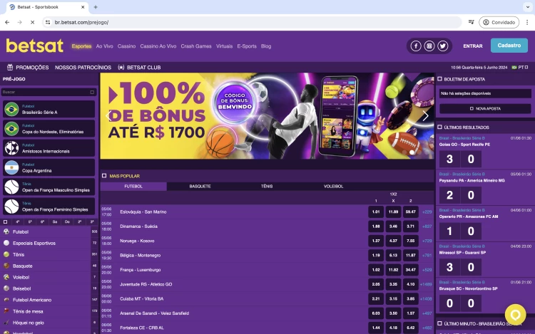 Captura de tela com os mercados de apostas esportivas mais populares na Betsat, destacando-se as apostas em futebol
